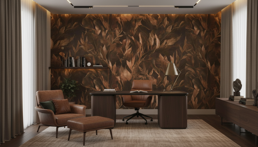 Papier peint feuillage tropical cuivré aux nuances automnales chaleureuses - Bureau