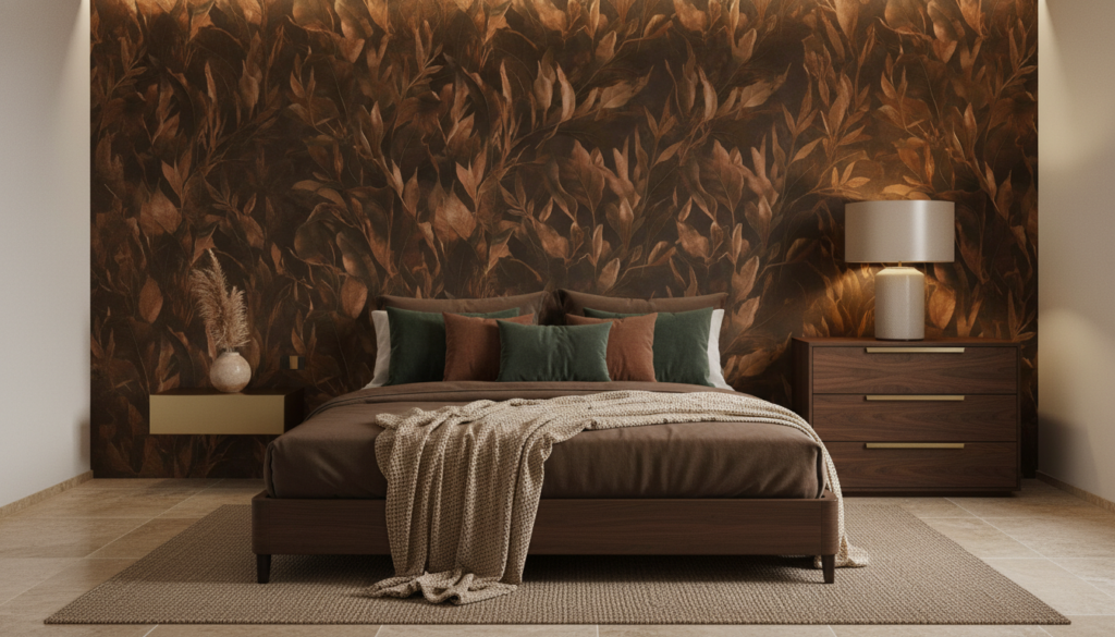 Papier peint feuillage tropical cuivré aux nuances automnales chaleureuses - Chambre adulte