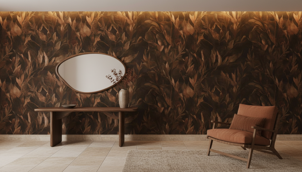 Papier peint feuillage tropical cuivré aux nuances automnales chaleureuses - Entrée