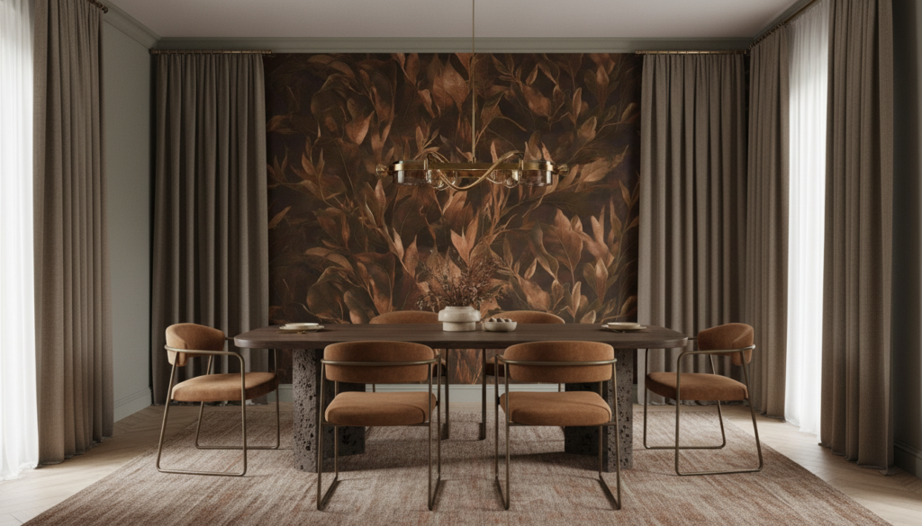 Papier peint feuillage tropical cuivré aux nuances automnales chaleureuses - Salle à manger