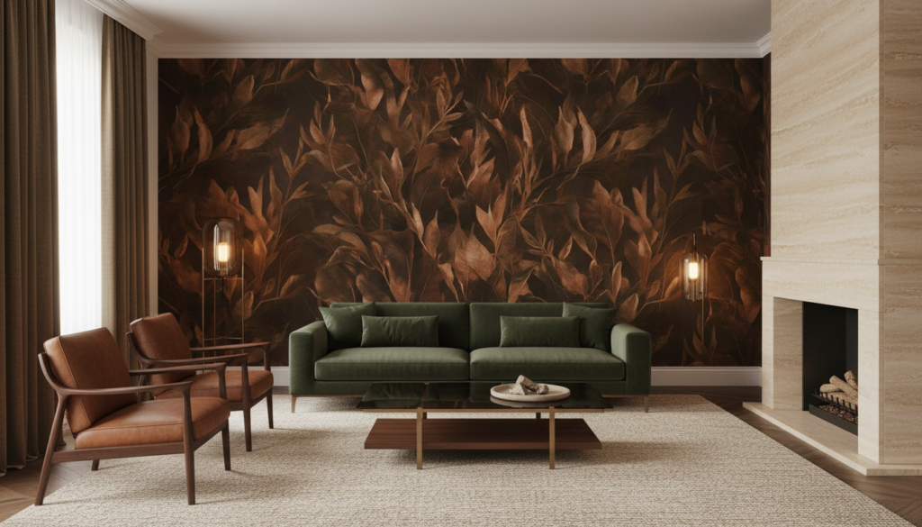 Papier peint feuillage tropical cuivré aux nuances automnales chaleureuses - Salon / Séjour