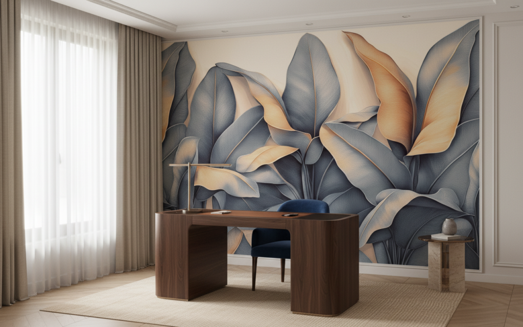 Papier peint feuillage tropical moderne aux tons dorés et bleus - Bureau