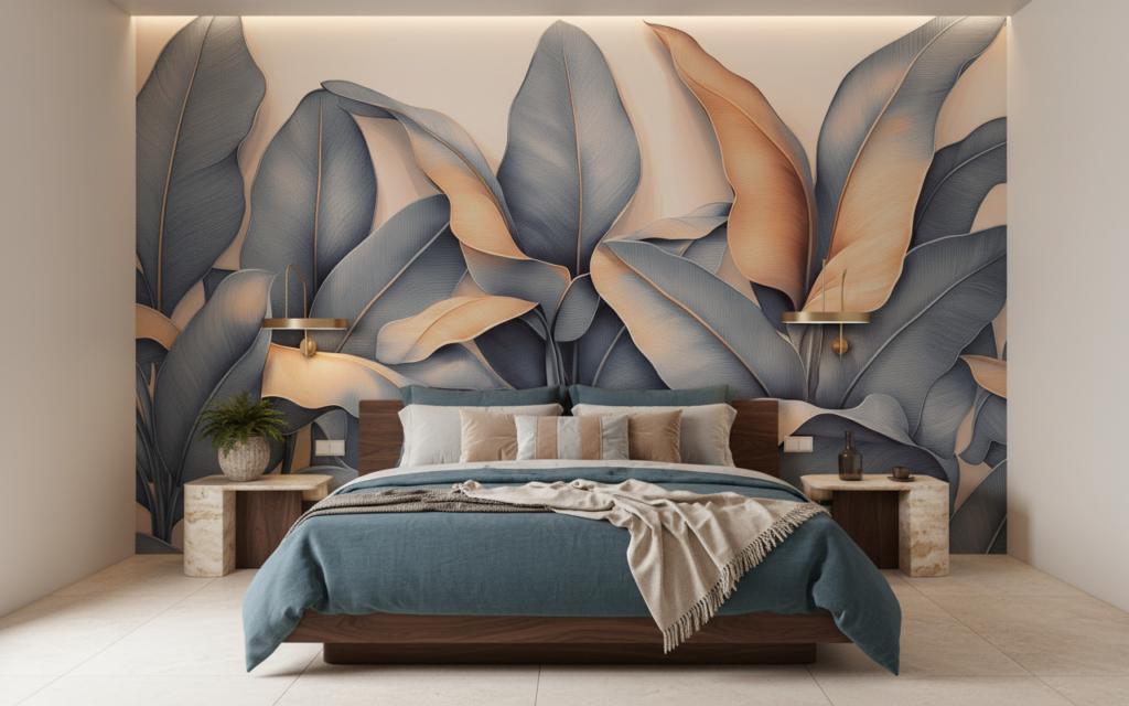 Papier peint feuillage tropical moderne aux tons dorés et bleus - Chambre adulte