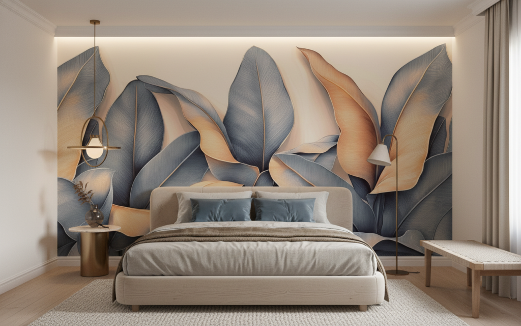 Papier peint feuillage tropical moderne aux tons dorés et bleus - Chambre adulte