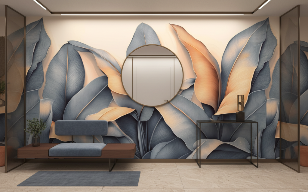 Papier peint feuillage tropical moderne aux tons dorés et bleus - Entrée