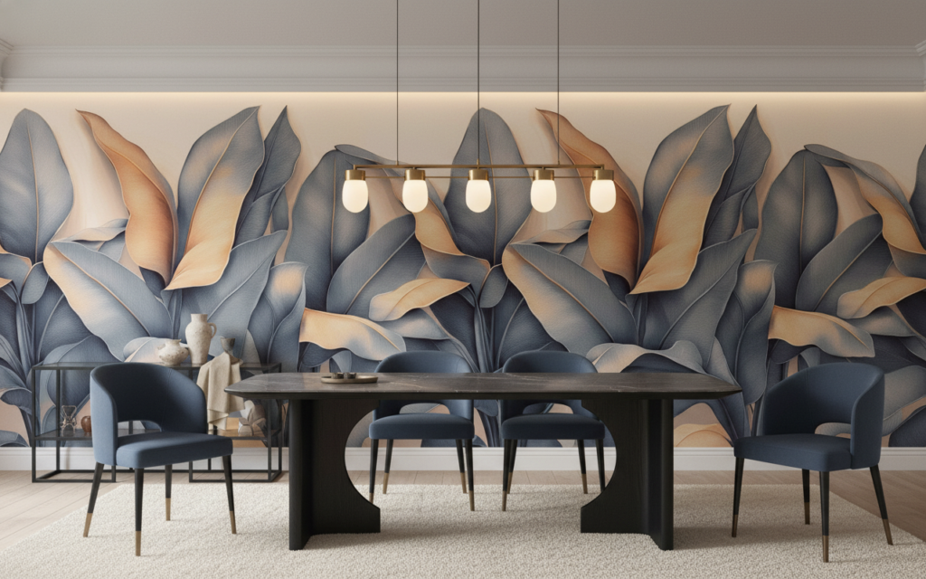 Papier peint feuillage tropical moderne aux tons dorés et bleus - Salle à manger