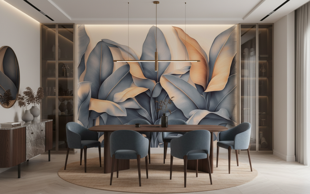 Papier peint feuillage tropical moderne aux tons dorés et bleus - Salle à manger