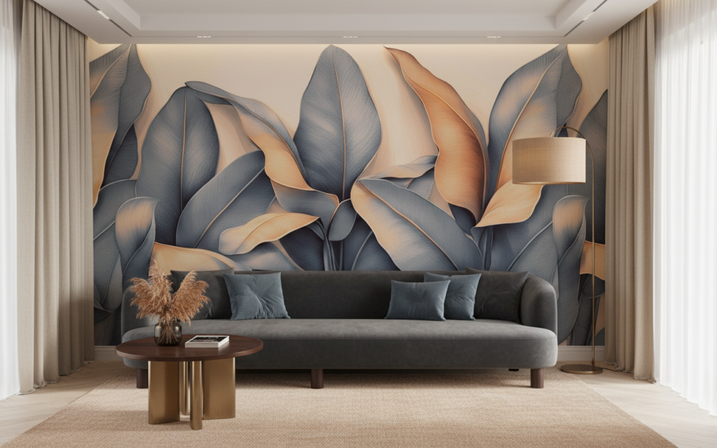 Papier peint feuillage tropical moderne aux tons dorés et bleus - Salon / Séjour