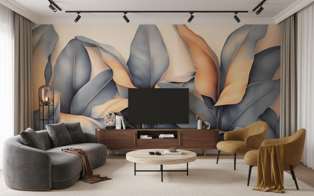 Papier peint feuillage tropical moderne aux tons dorés et bleus - Salon / Séjour