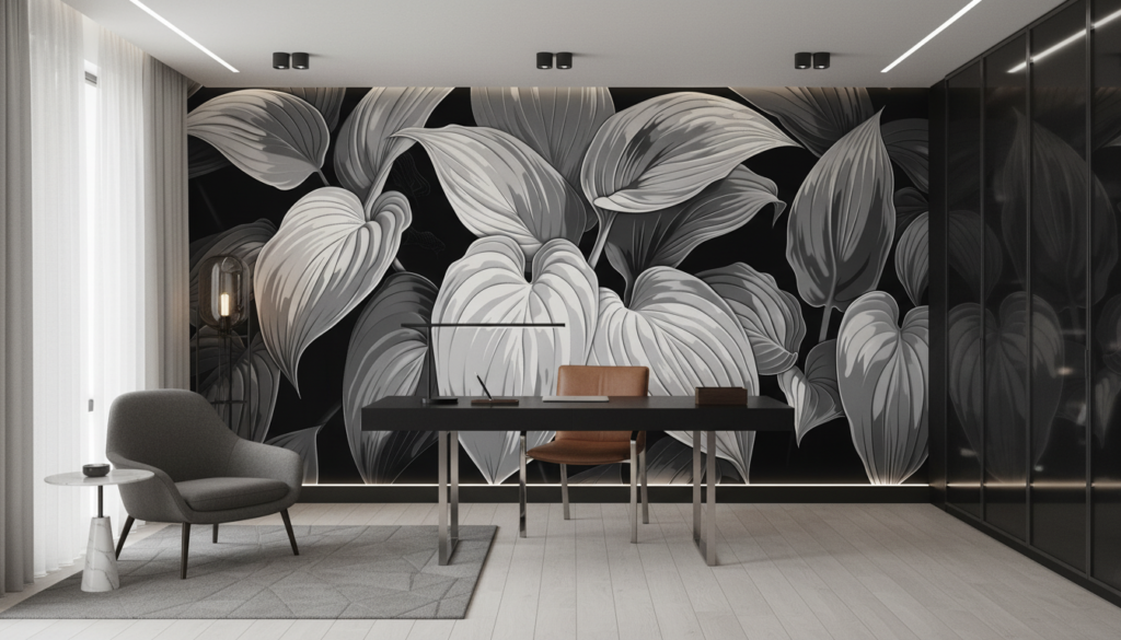 Papier Peint Feuillage Tropical Noir et Blanc Élégant - Bureau