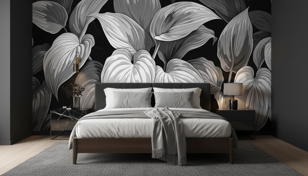 Papier Peint Feuillage Tropical Noir et Blanc Élégant - Chambre adulte