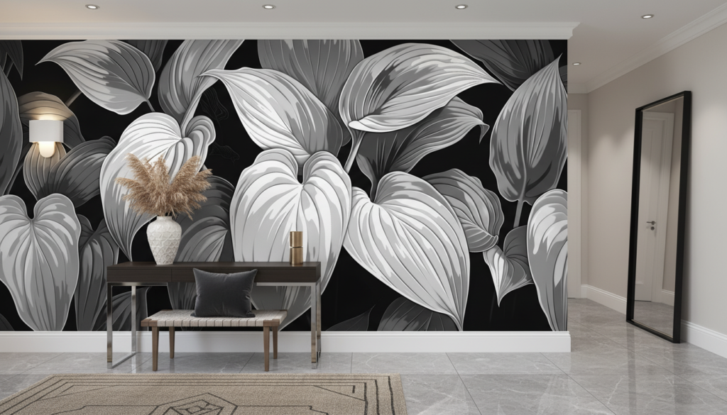 Papier Peint Feuillage Tropical Noir et Blanc Élégant - Entrée