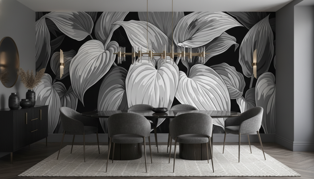 Papier Peint Feuillage Tropical Noir et Blanc Élégant - Salle à manger