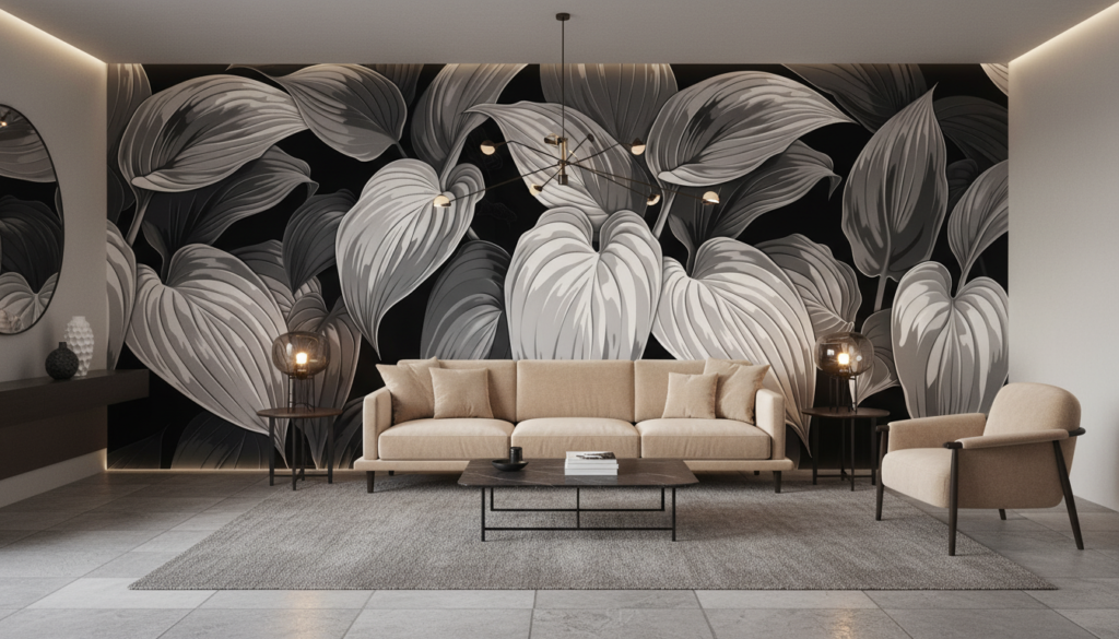 Papier Peint Feuillage Tropical Noir et Blanc Élégant - Salon / Séjour