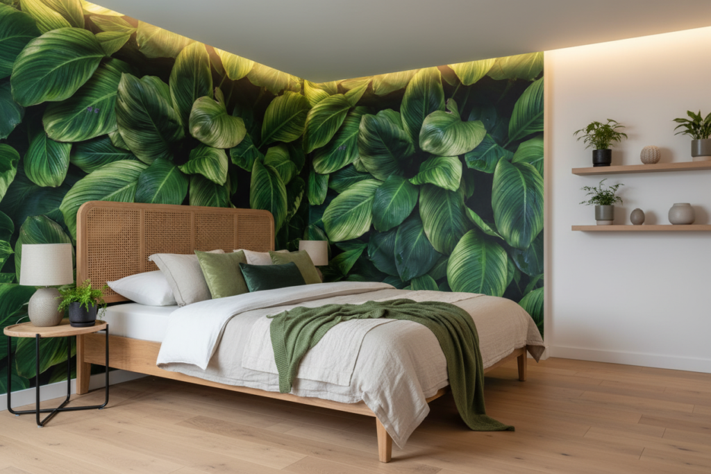 Papier Peint Feuillage Tropical Vert Luxuriant Motif Botanique - Chambre adulte