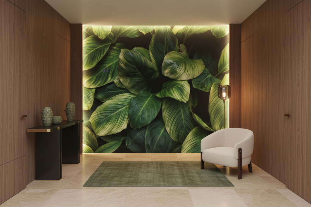 Papier Peint Feuillage Tropical Vert Luxuriant Motif Botanique - Entrée