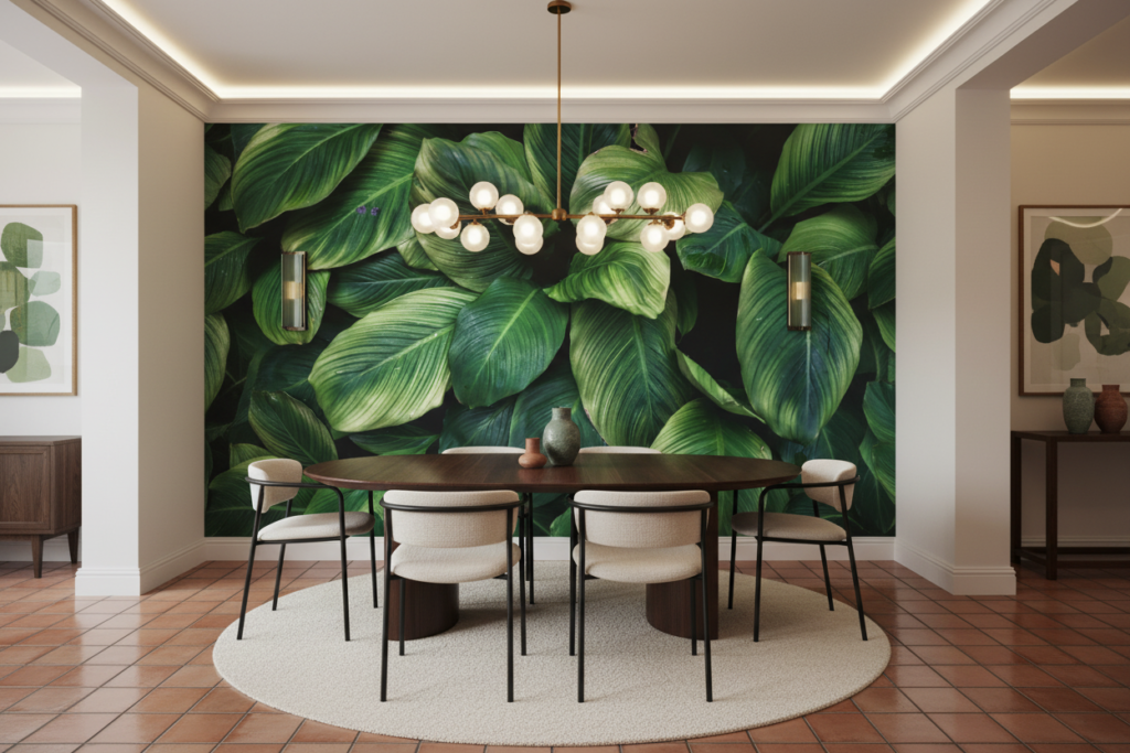 Papier Peint Feuillage Tropical Vert Luxuriant Motif Botanique - Salle à manger