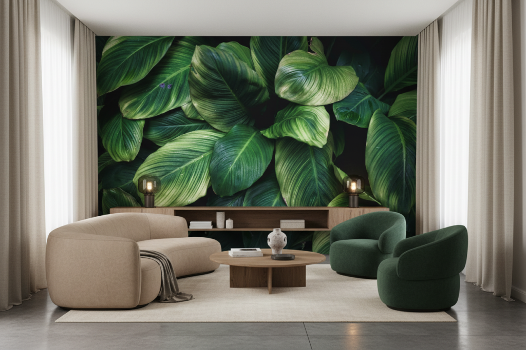 Papier Peint Feuillage Tropical Vert Luxuriant Motif Botanique - Salon / Séjour