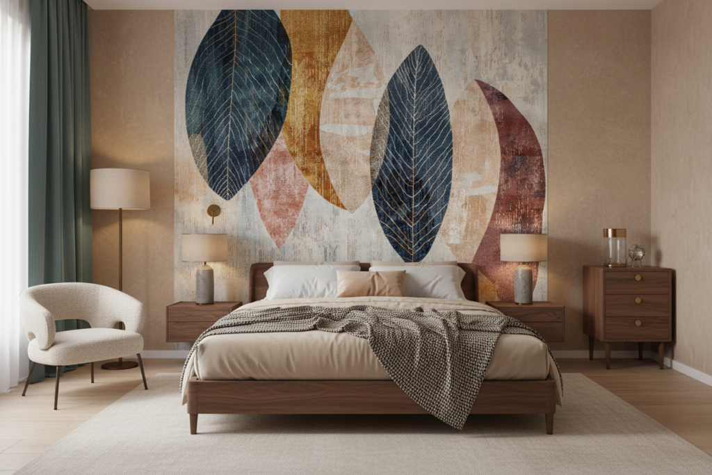 Papier Peint Feuillages Stylisés aux Nuances Modernes et Texturées - Chambre adulte