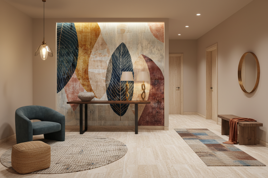 Papier Peint Feuillages Stylisés aux Nuances Modernes et Texturées - Entrée