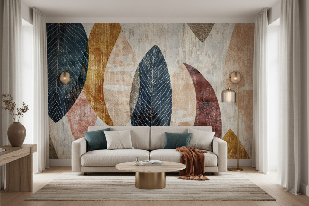 Papier Peint Feuillages Stylisés aux Nuances Modernes et Texturées - Salon / Séjour