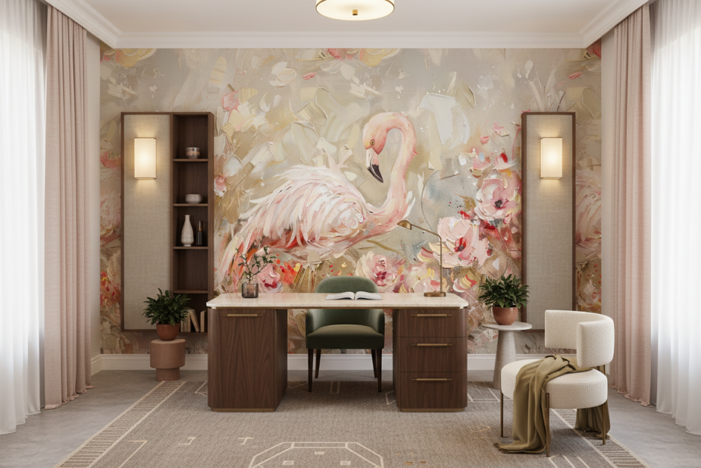 Papier Peint Flamant Rose Élégant avec Fleurs Peintes à l'Huile - Bureau