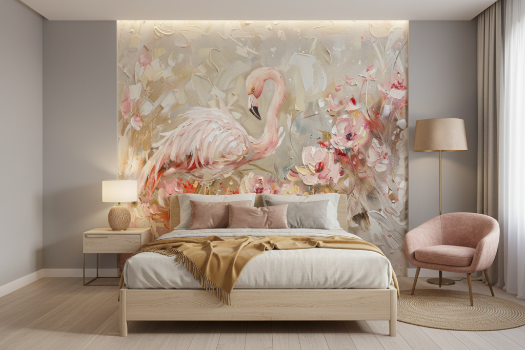 Papier Peint Flamant Rose Élégant avec Fleurs Peintes à l'Huile - Chambre adulte