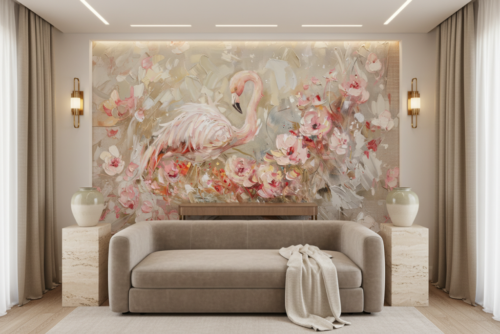 Papier Peint Flamant Rose Élégant avec Fleurs Peintes à l'Huile - Hôtel