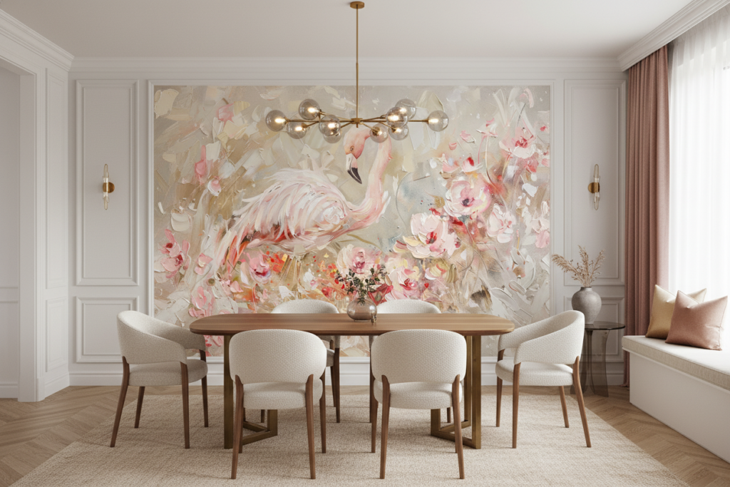 Papier Peint Flamant Rose Élégant avec Fleurs Peintes à l'Huile - Salle à manger