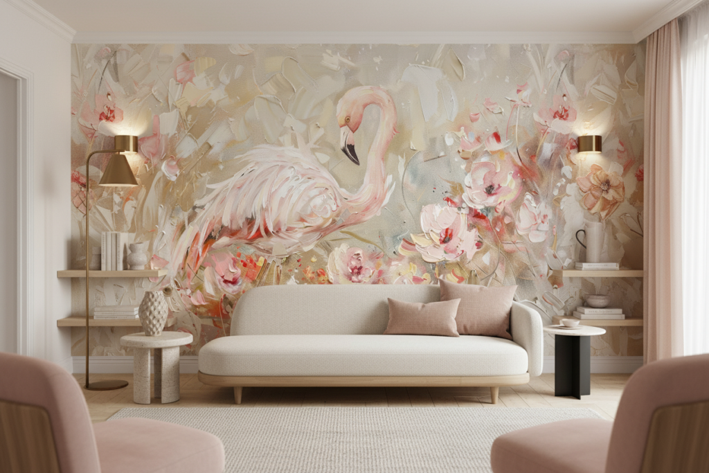 Papier Peint Flamant Rose Élégant avec Fleurs Peintes à l'Huile - Salon / Séjour