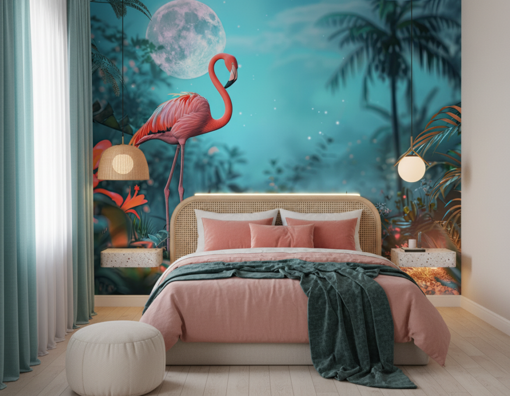 Papier Peint Flamant Rose Tropical Lune Fantaisie Paradis Exotique - Chambre ado