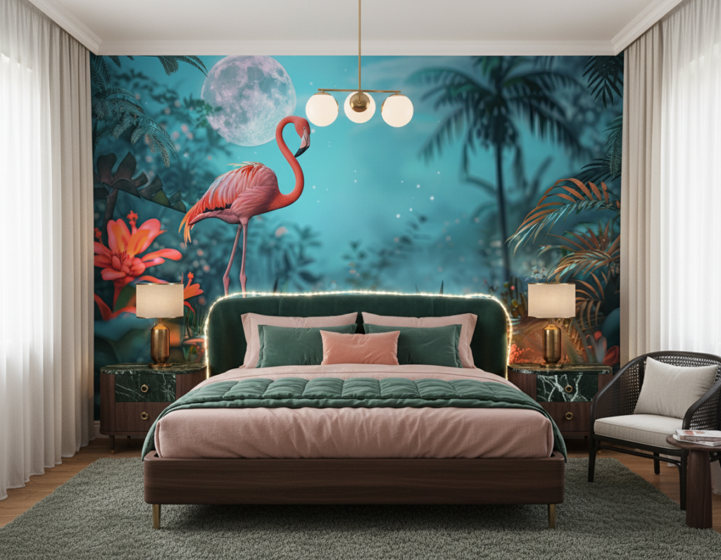 Papier Peint Flamant Rose Tropical Lune Fantaisie Paradis Exotique - Chambre adulte