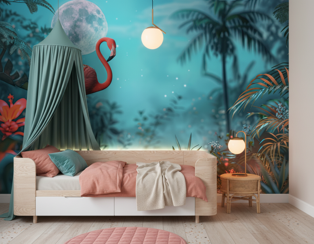 Papier Peint Flamant Rose Tropical Lune Fantaisie Paradis Exotique - Chambre enfant