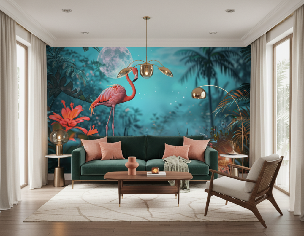 Papier Peint Flamant Rose Tropical Lune Fantaisie Paradis Exotique - Salon / Séjour