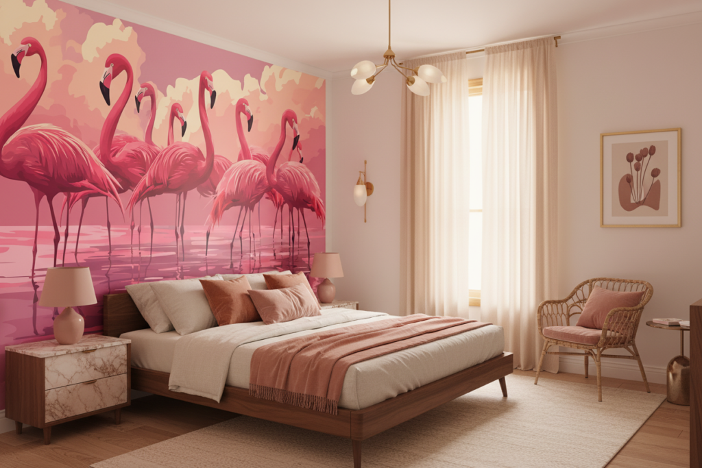 Papier peint flamants roses coucher soleil romantique tropical - Chambre adulte