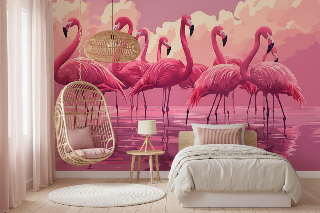 Papier peint flamants roses coucher soleil romantique tropical - Chambre enfant
