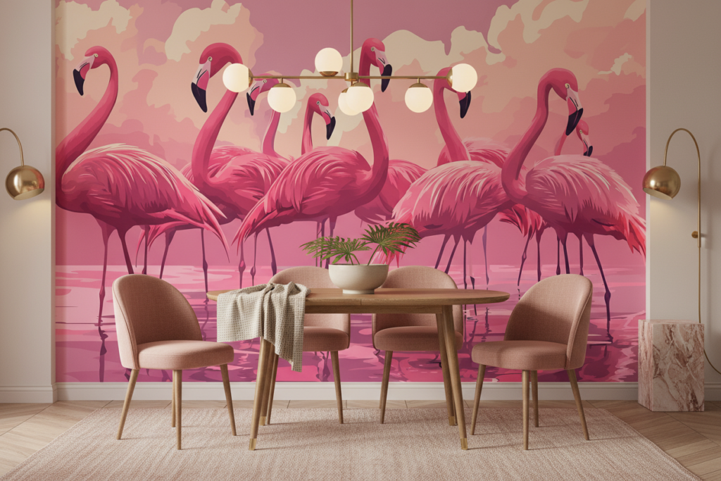 Papier peint flamants roses coucher soleil romantique tropical - Salle à manger