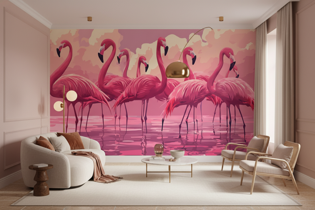Papier peint flamants roses coucher soleil romantique tropical - Salon / Séjour