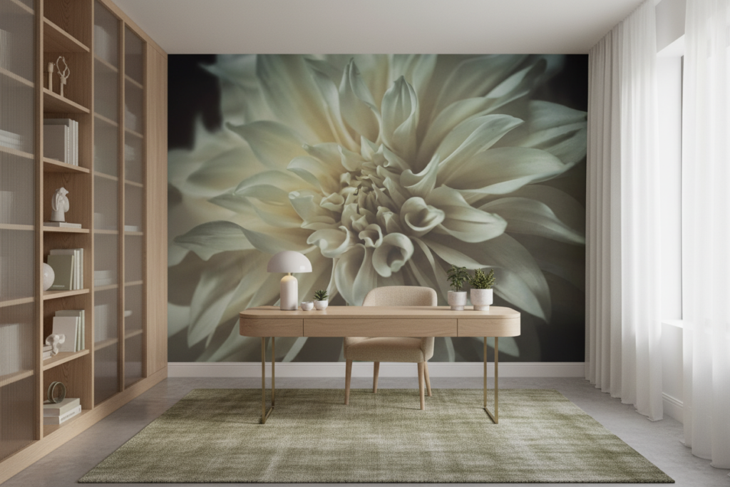 Papier peint fleur dahlia blanc crème élégance naturelle macro - Bureau