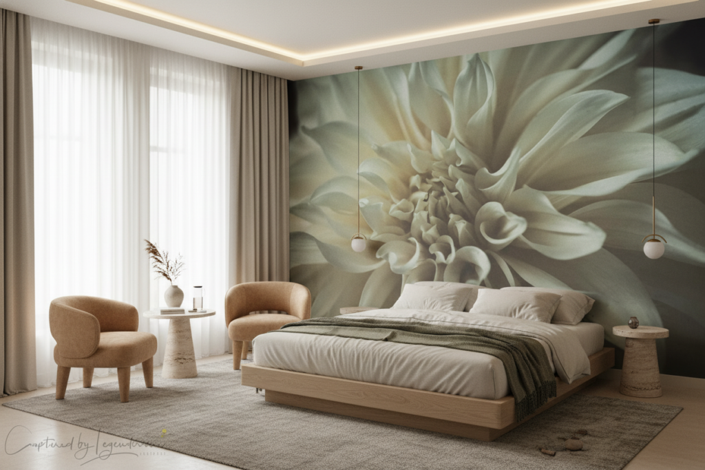 Papier peint fleur dahlia blanc crème élégance naturelle macro - Hôtel