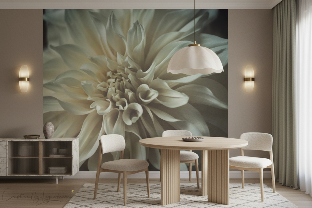 Papier peint fleur dahlia blanc crème élégance naturelle macro - Salle à manger