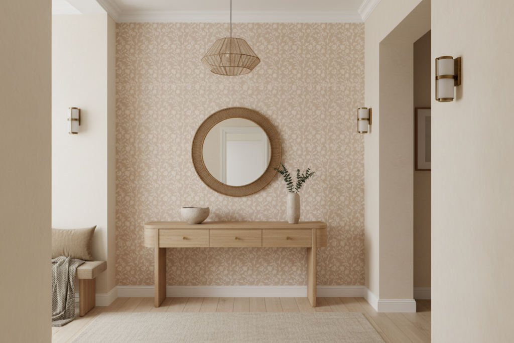 Papier peint fleuri beige motifs botaniques délicats style romantique - Entrée