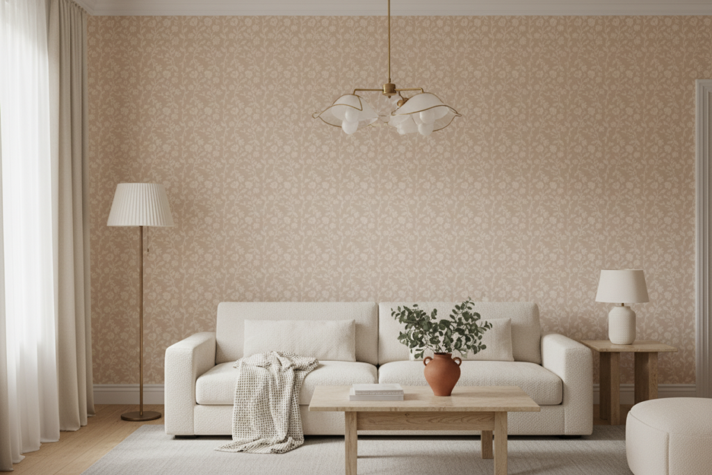 Papier peint fleuri beige motifs botaniques délicats style romantique - Salon / Séjour