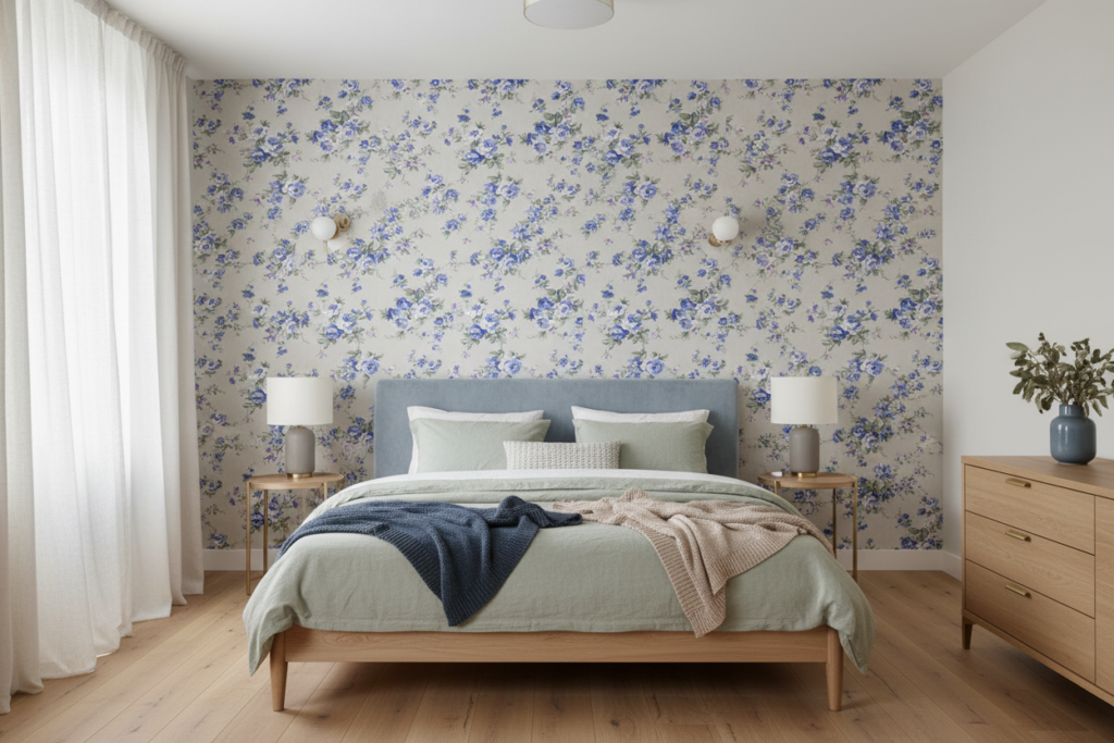 Papier peint fleuri vintage aux roses bleues sur fond beige - Chambre adulte