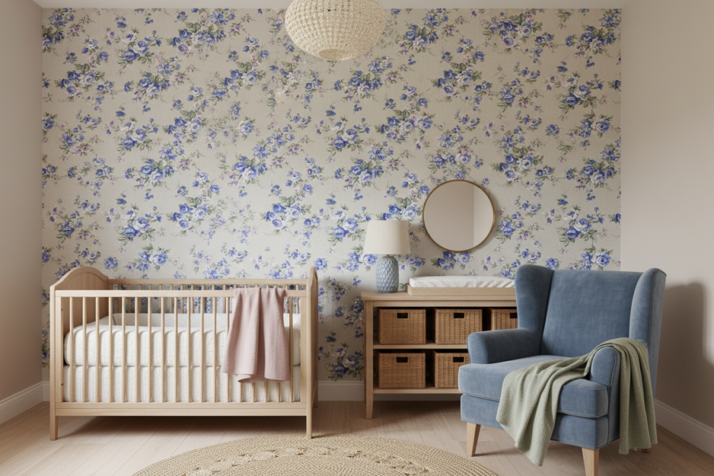 Papier peint fleuri vintage aux roses bleues sur fond beige - Chambre bébé