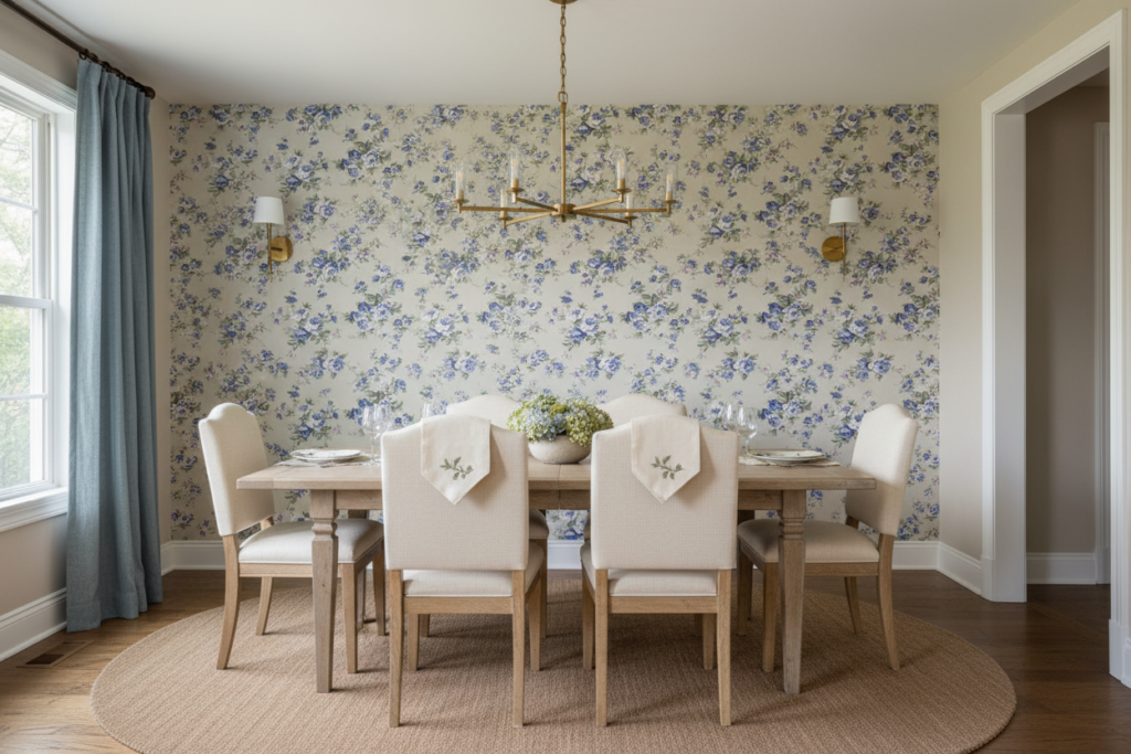 Papier peint fleuri vintage aux roses bleues sur fond beige - Salle à manger