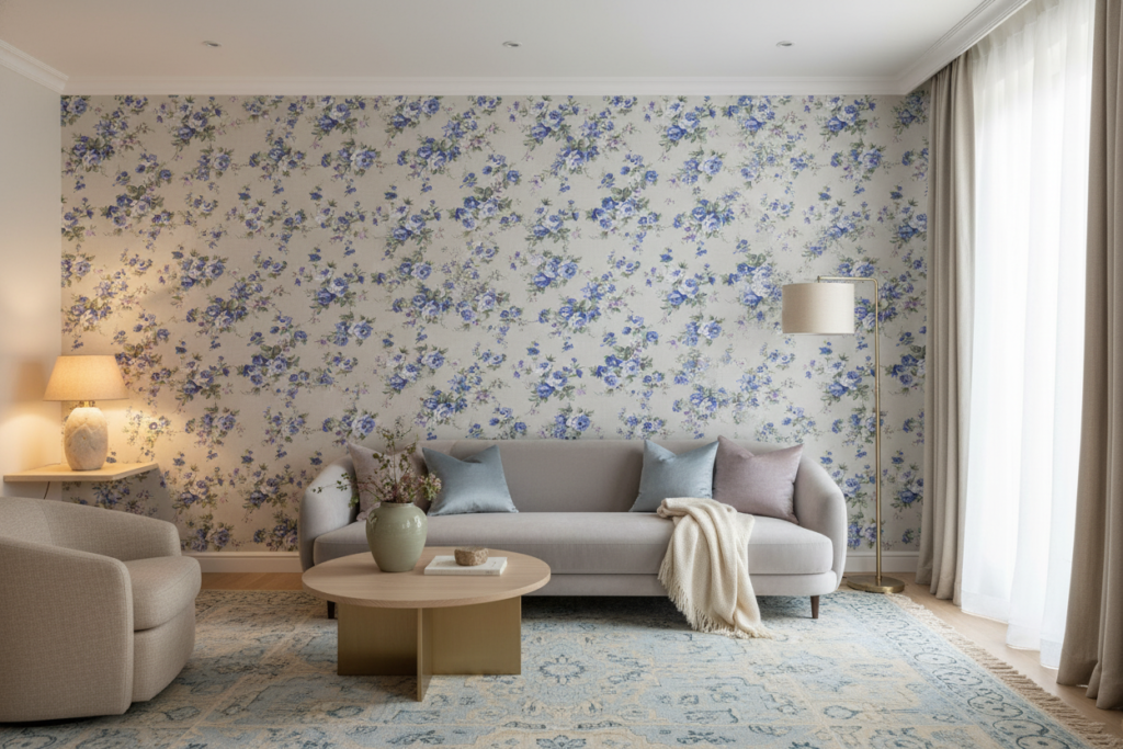 Papier peint fleuri vintage aux roses bleues sur fond beige - Salon / Séjour