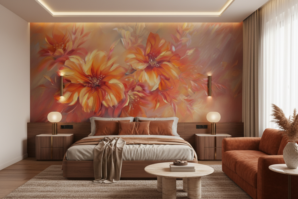 Papier Peint Fleurs Abstraites aux Tons Orangés et Dorés - Chambre adulte