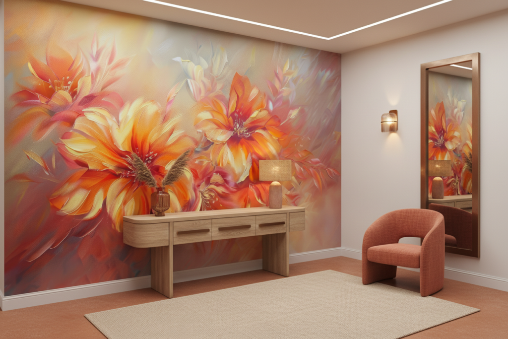 Papier Peint Fleurs Abstraites aux Tons Orangés et Dorés - Entrée