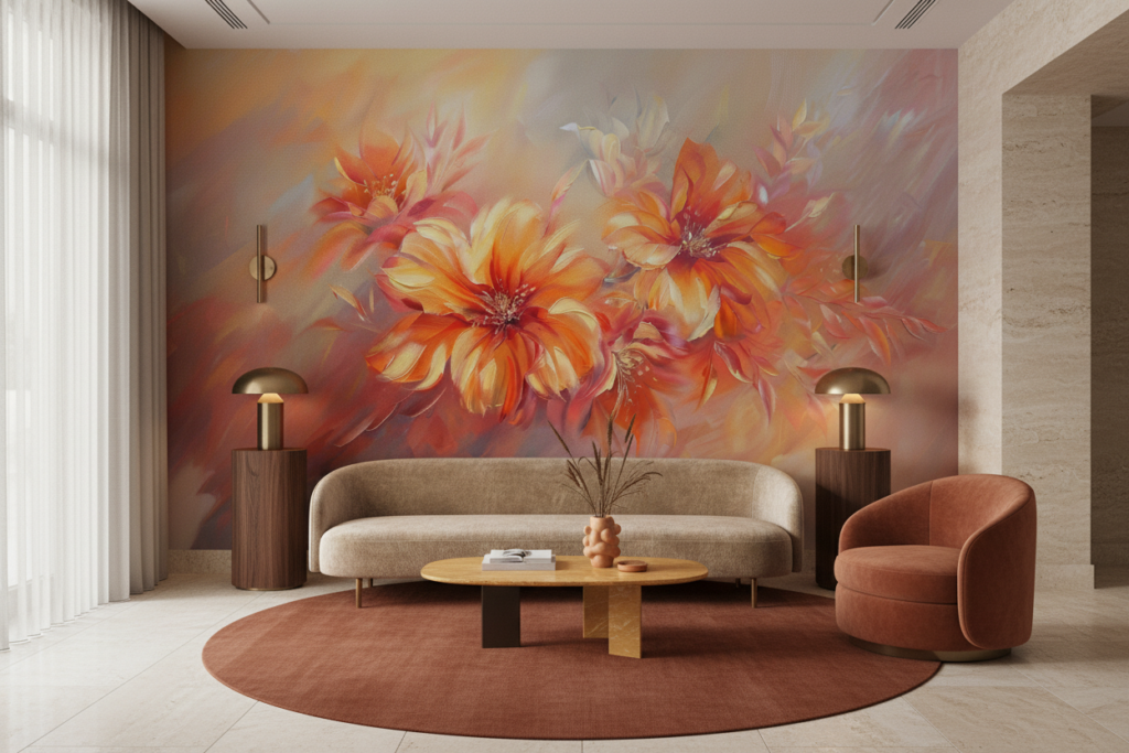 Papier Peint Fleurs Abstraites aux Tons Orangés et Dorés - Hôtel